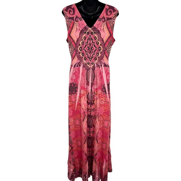 Style Co Dress Women Size Large L Maxi Pink V-Neck Maldives Ehnic Sunsets New - Picture 6 of 9